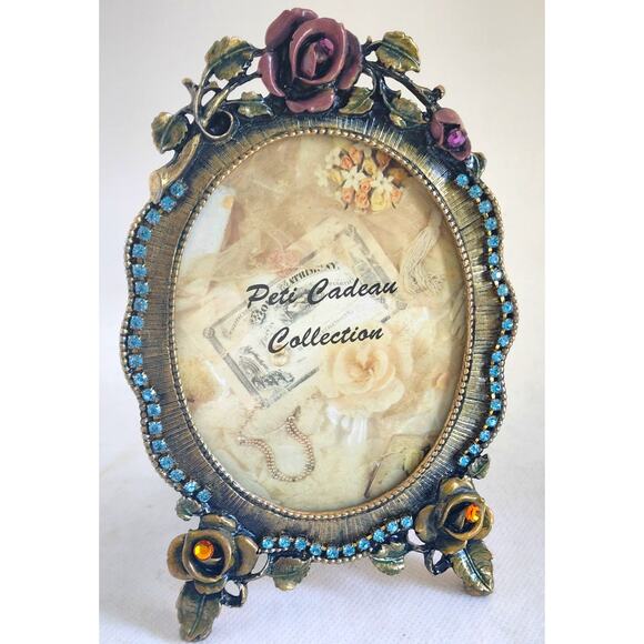 PICTURE FRAME-Vintage Matson F1782 Jeweled Roses Oval–PetiCadeau Collection-Rare - Picture 2 of 13
